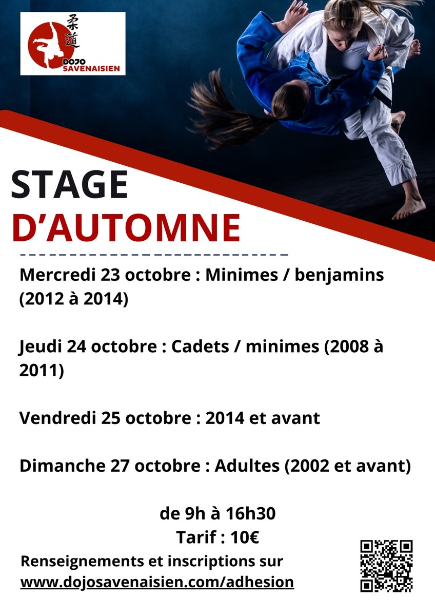 Stage judo d'automne 2024 pour les minimes et benjamins né(e)s en 2012, 2013 et 2014.