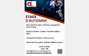 /!\ ANNULE /!\ Stage judo d'automne 2024 pour les cadets et minimes né(e)s en 2008, 2009, 2010 et 2011.