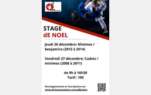 Stage judo de Noël 2024 pour les minimes et benjamins né(e)s en 2012, 2013 et 2014.