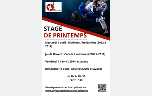 Stage judo de printemps 2025 pour les minimes et benjamins né(e)s en 2012, 2013 et 2014.